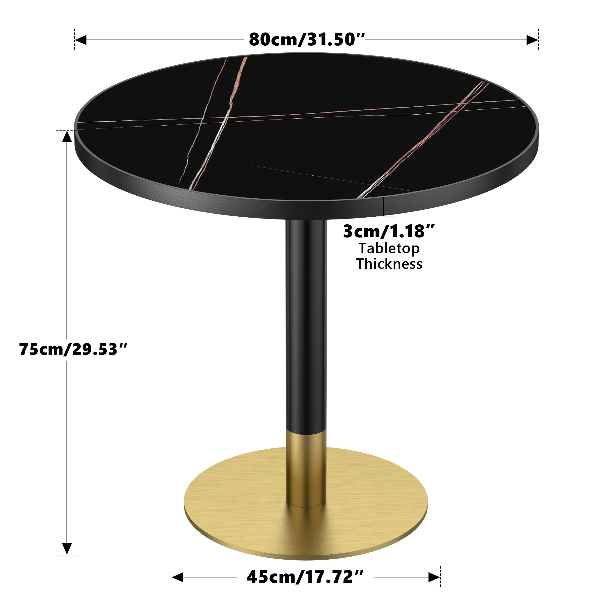 Dimension diagram of round sintered stone dining table showing 31.5 in top, 29.53 in height, 17.72 in base, 1.18 in thickness