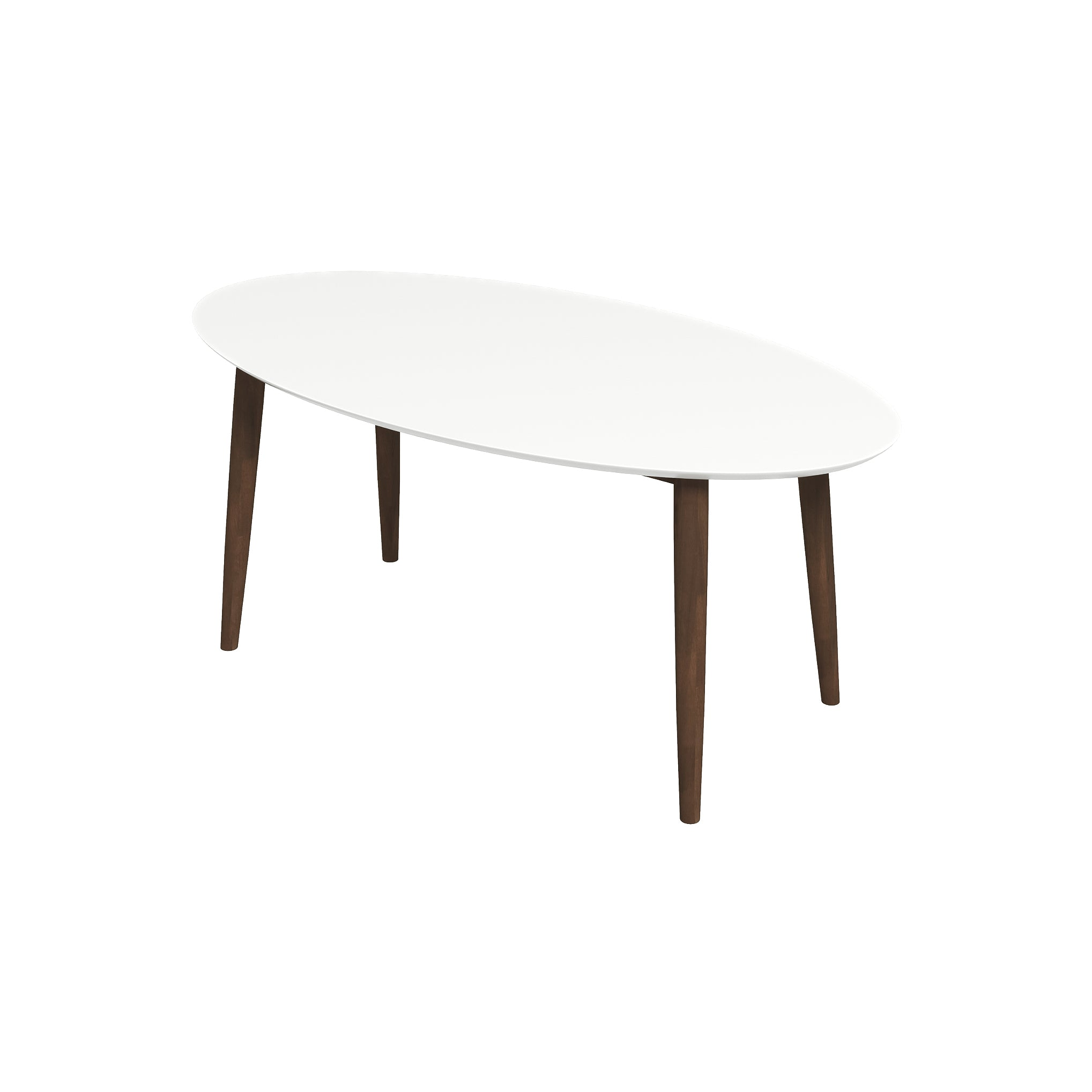 White-top oval dining table with walnut legs, three-quarter view on white studio background