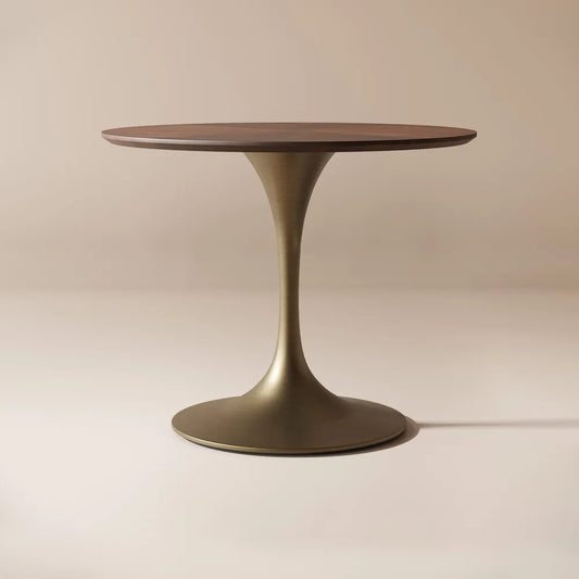 35 inch round walnut dining table with beveled edge and stainless steel base, mid-century modern style for small spaces.