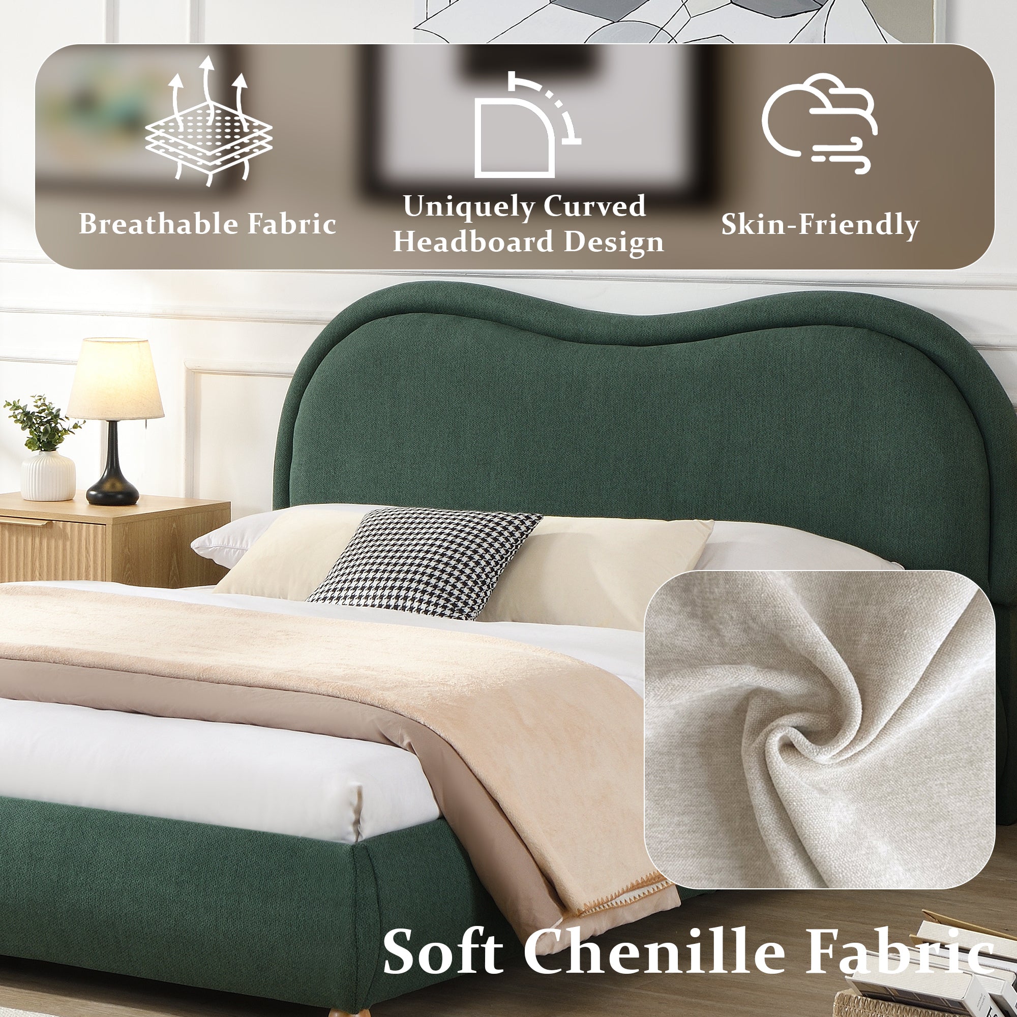Feature graphic for the chenille bed: breathable, skin-friendly fabric and the uniquely curved headboard, also in beige #Color_Olive Green