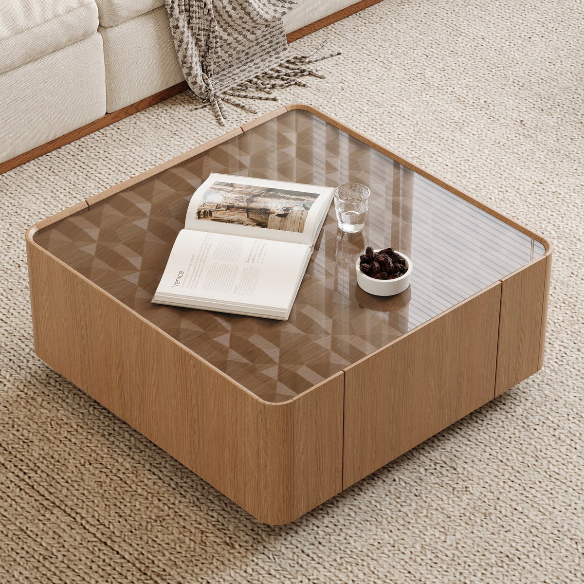 Walnut Glass Top Square Coffee Table, 31.5 in, 13.8 in Tall
