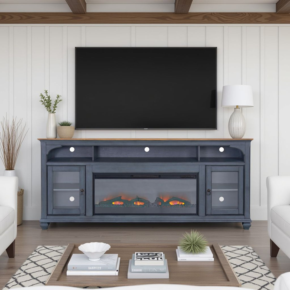Blue Fireplace TV Stand for TVs up to 95 in, 86 in Wide