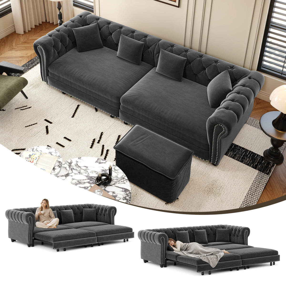 Gray Velvet 3-Seat King Sleeper Sofa with Ottoman, 89 in Wide