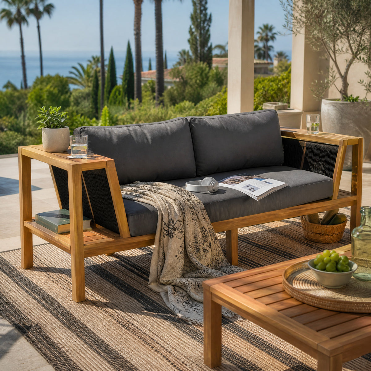 Teak Finish Solid Wood Outdoor Daybed with Gray Cushions