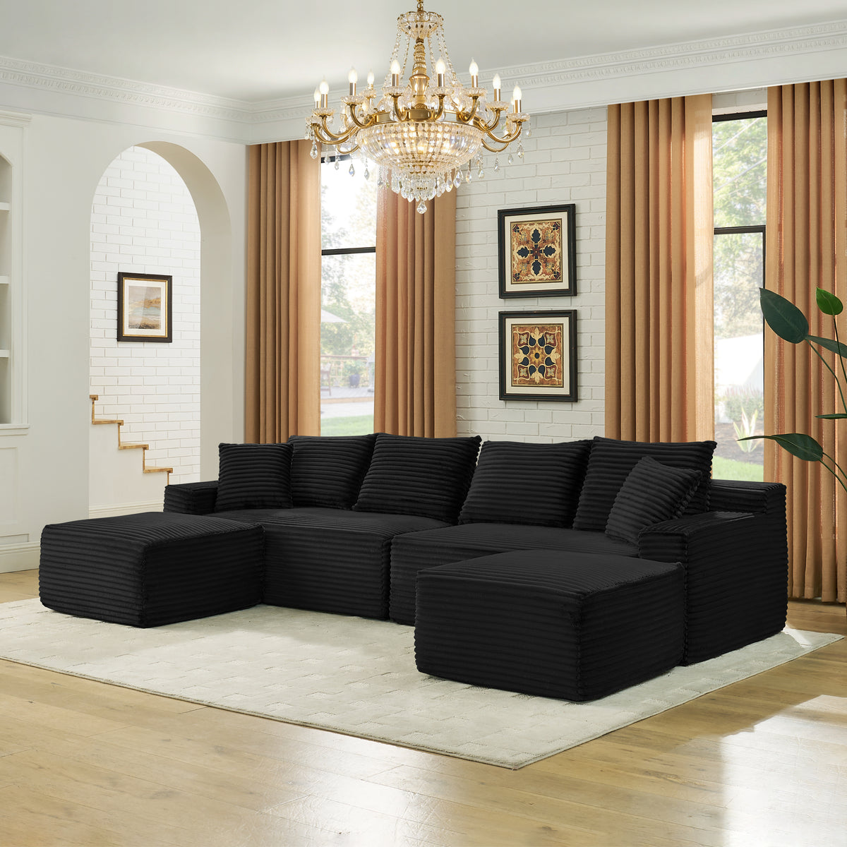 Black Corduroy Modular Sectional Couch with 2 Ottomans, 115 in Wide