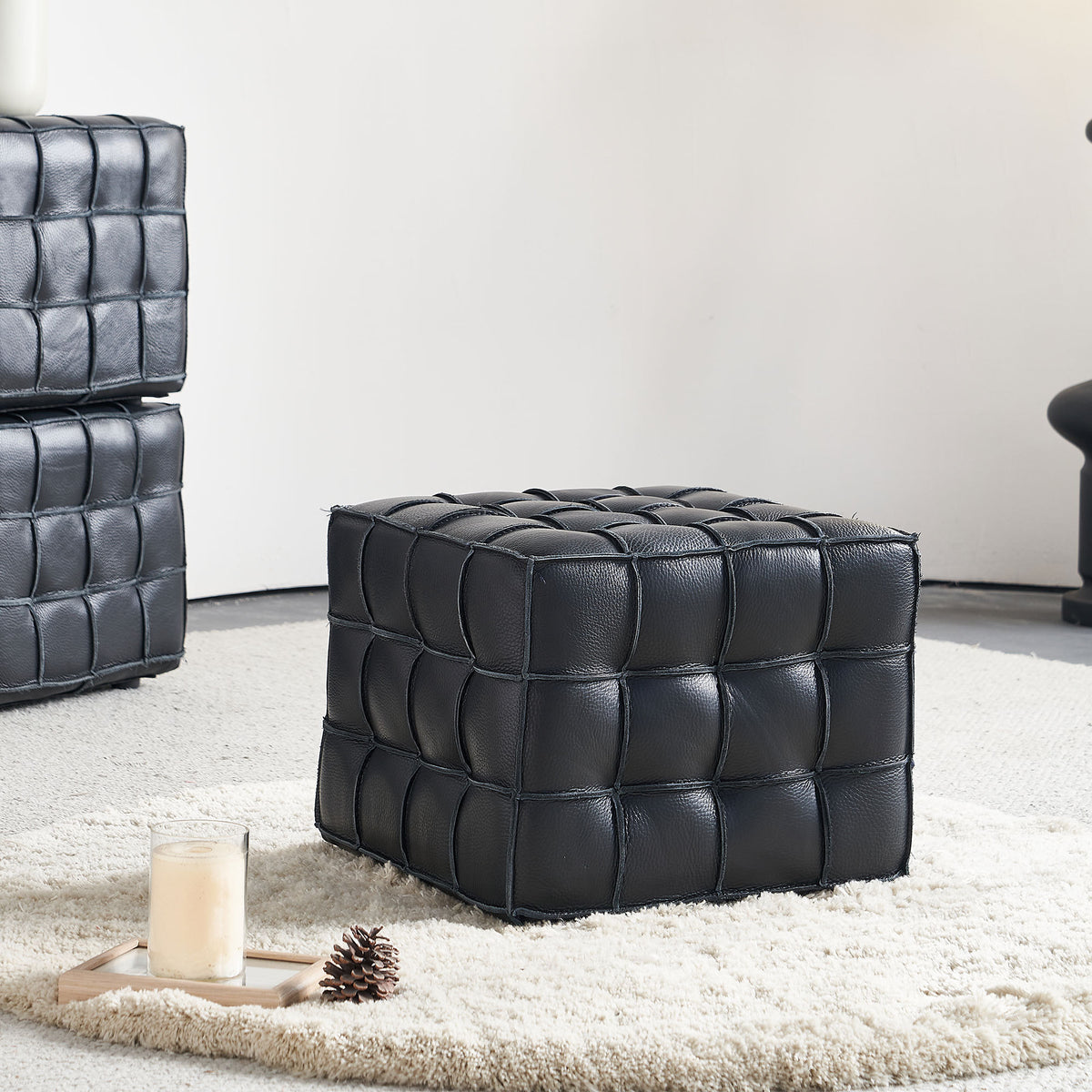 Black Genuine Leather Tufted Ottoman, 17.3 in