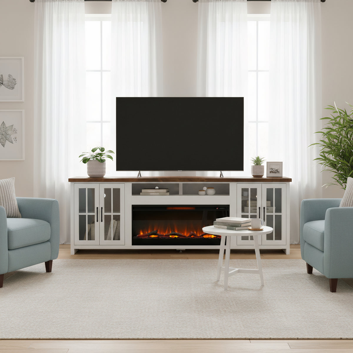 White Fireplace TV Stand for TVs up to 100 in, 97 in Wide