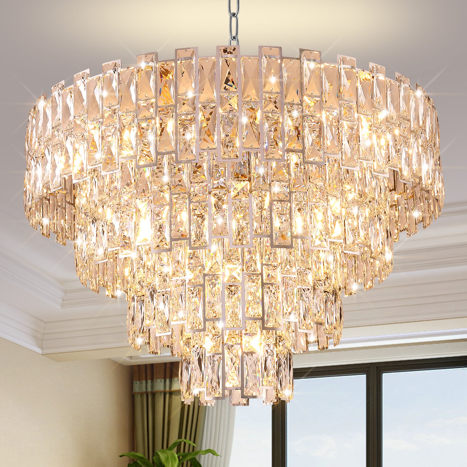 Chandelier with Crystal Shades, 21-Light, Chrome Finish