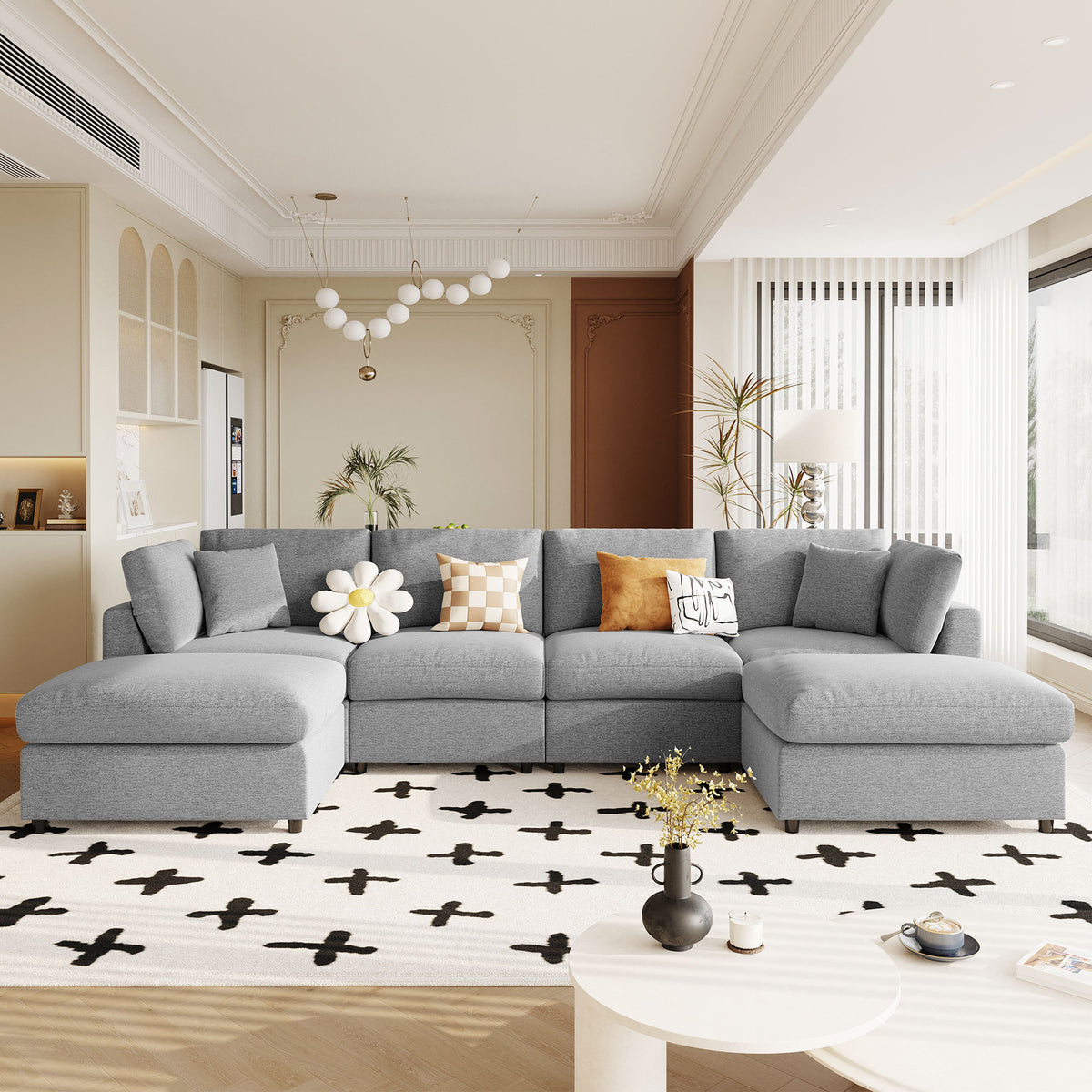Gray Chenille Modular Sectional Couch with 2 Ottomans, 128.2 in Wide