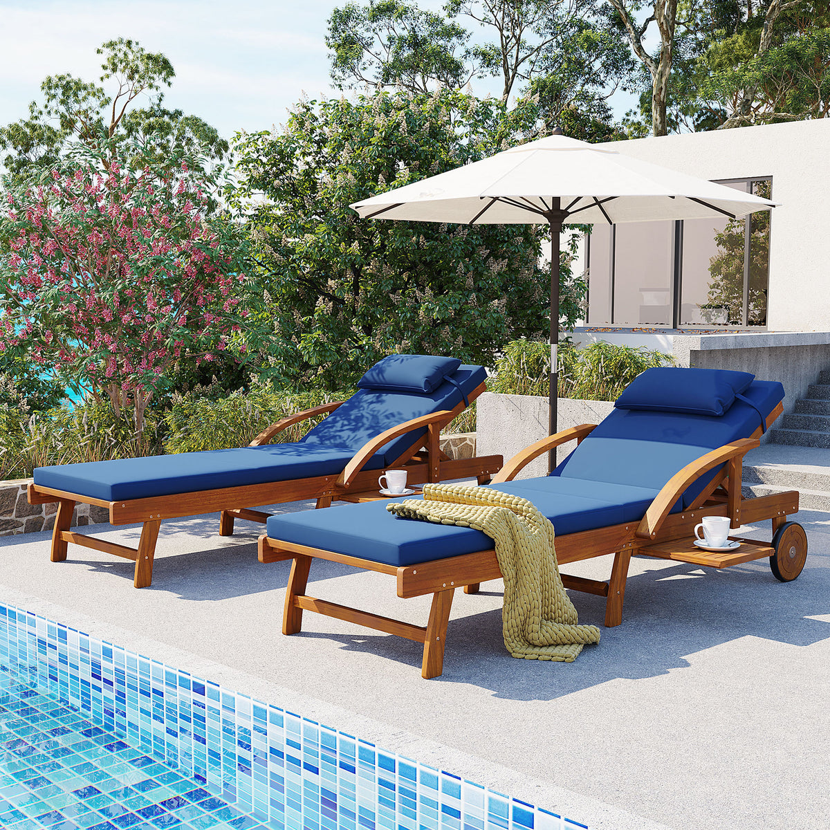Navy Blue Solid Wood Adjustable Outdoor Chaise Lounge with Cushions, Set of 2