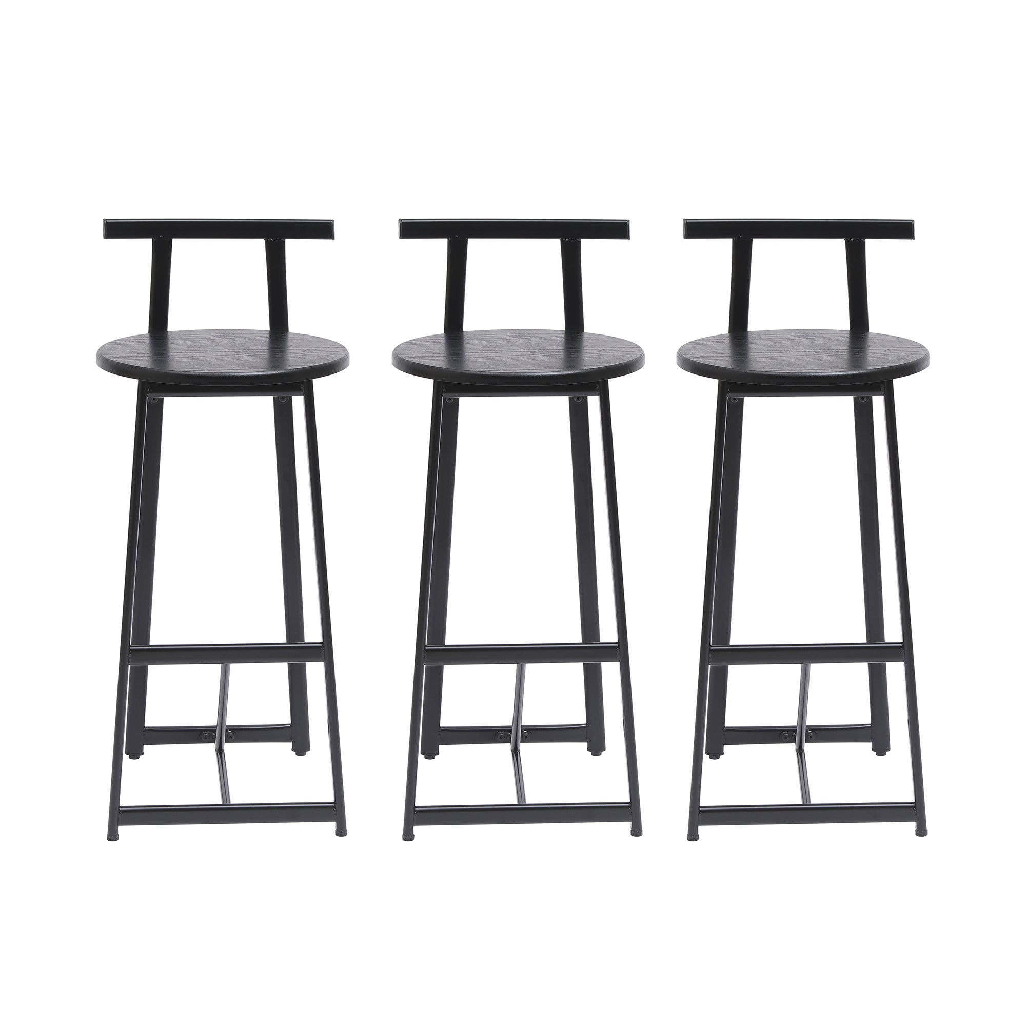 Stool Set of 3, Black Metal Frame with Round Wood Seat, 27 Inch