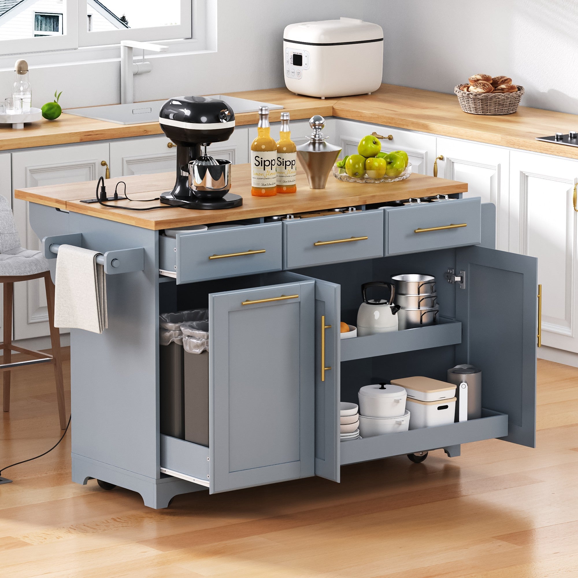 Rubberwood-Top Kitchen Island, Grey-Blue, Drop-Leaf & Trash Cabinet