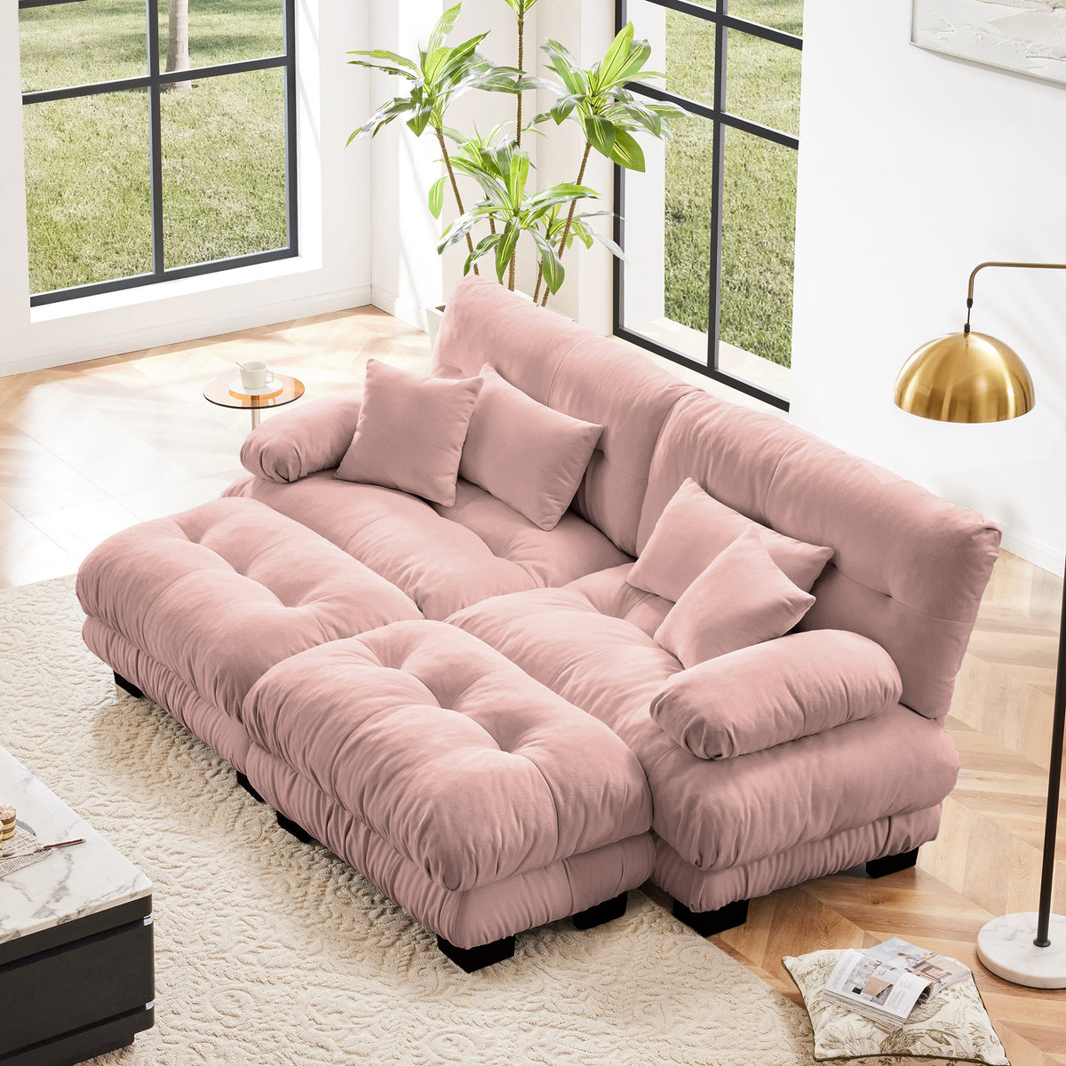 Pink Chenille 2-Seat Couch with Ottoman