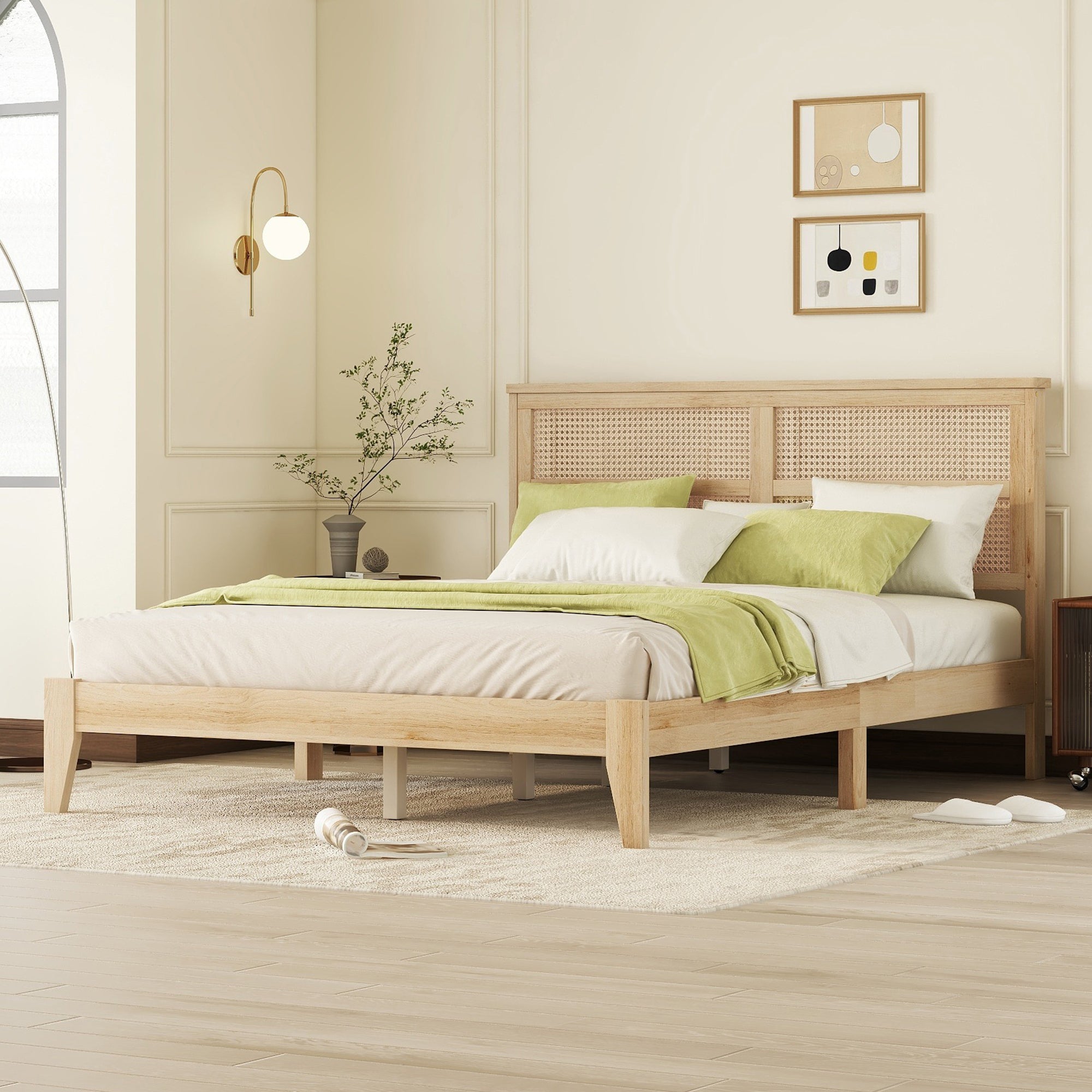 Side angle of the natural rubberwood bed frame showing tapered legs and the two-panel woven rattan headboard