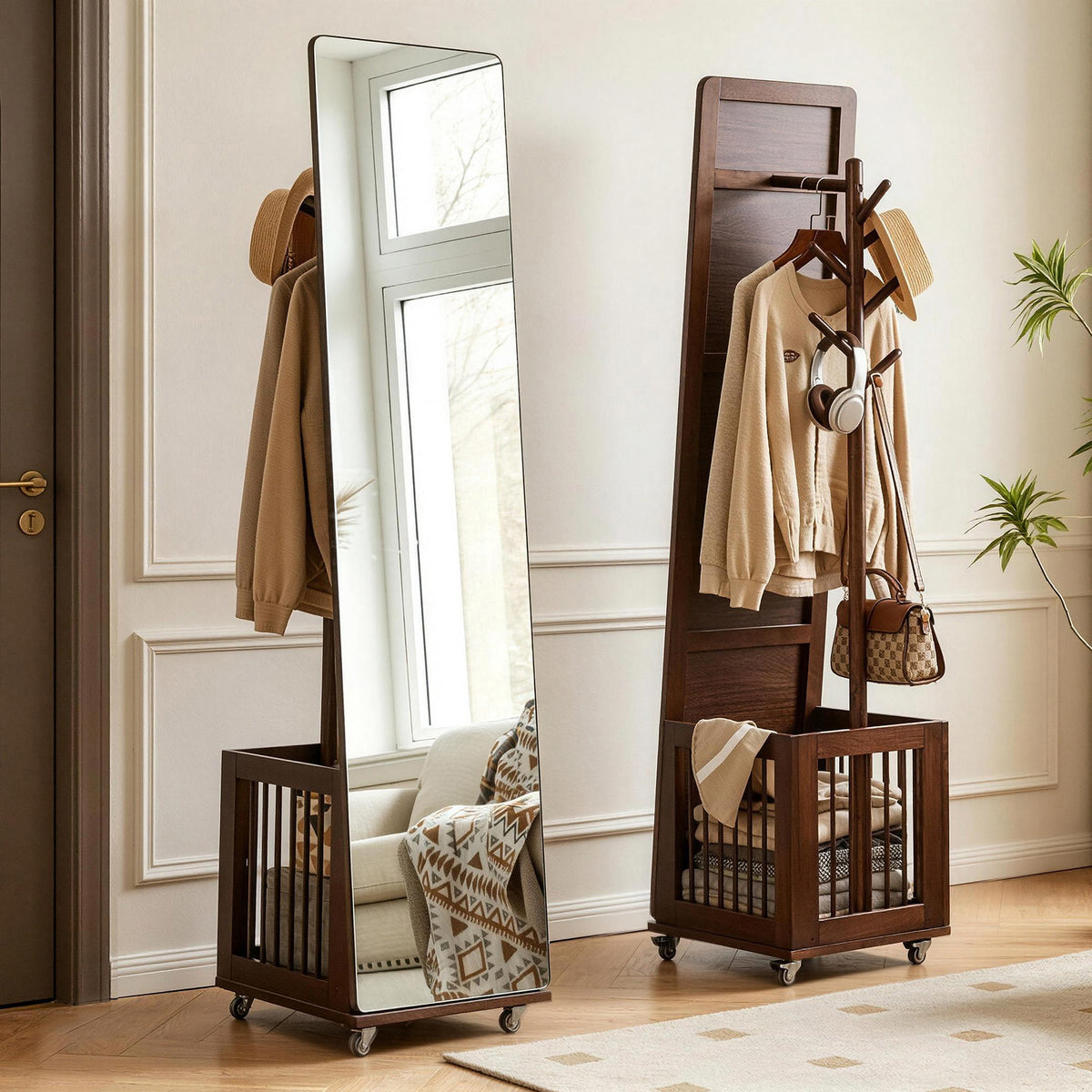 Walnut Solid Wood Coat Rack, Rolling