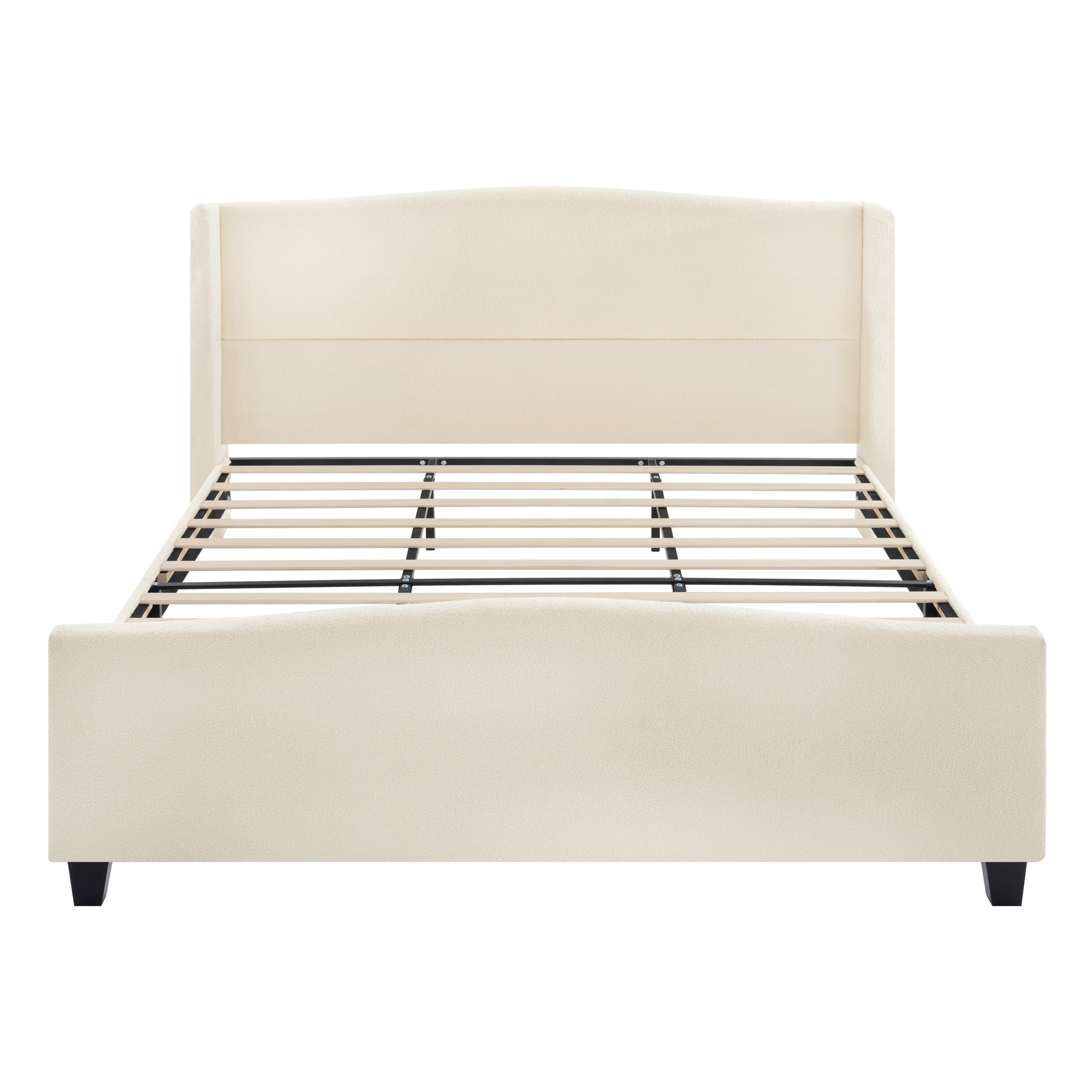 White teddy velvet king platform bed frame with footboard on white background