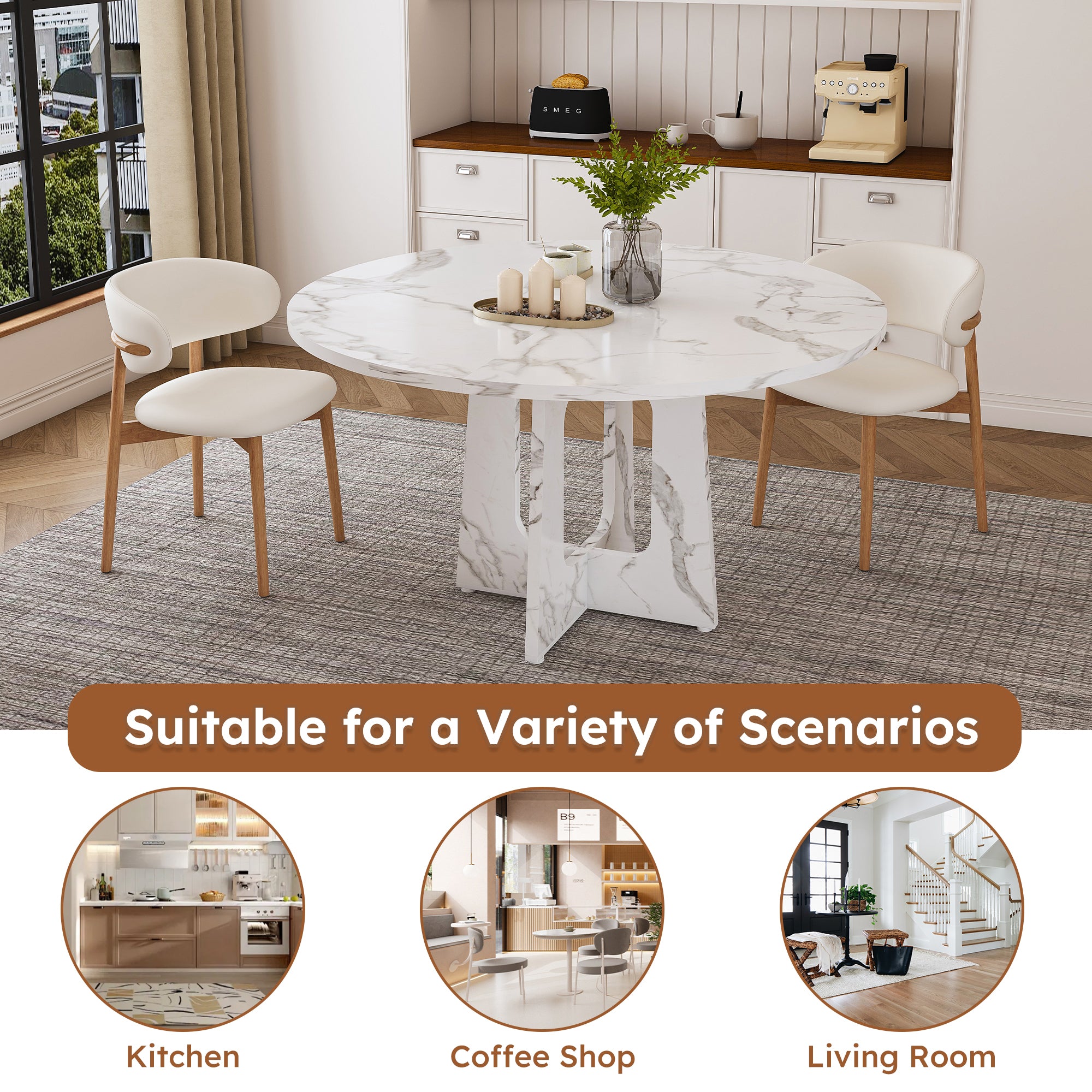 White faux marble round table styled in a room with kitchen, coffee shop and living room scenario icons
