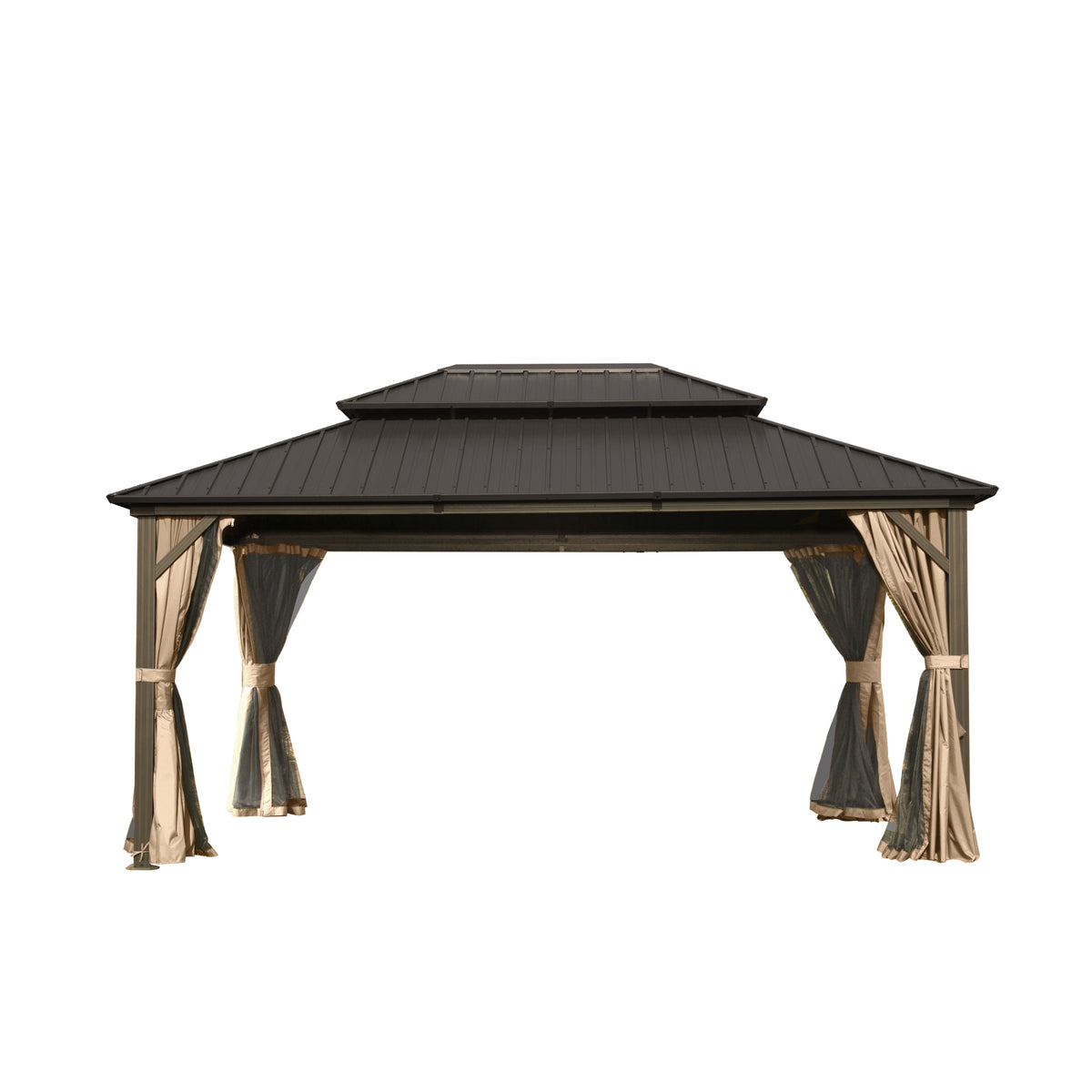 12x16 ft Brown Aluminum Double Roof Hardtop Gazebo with Netting and Curtains