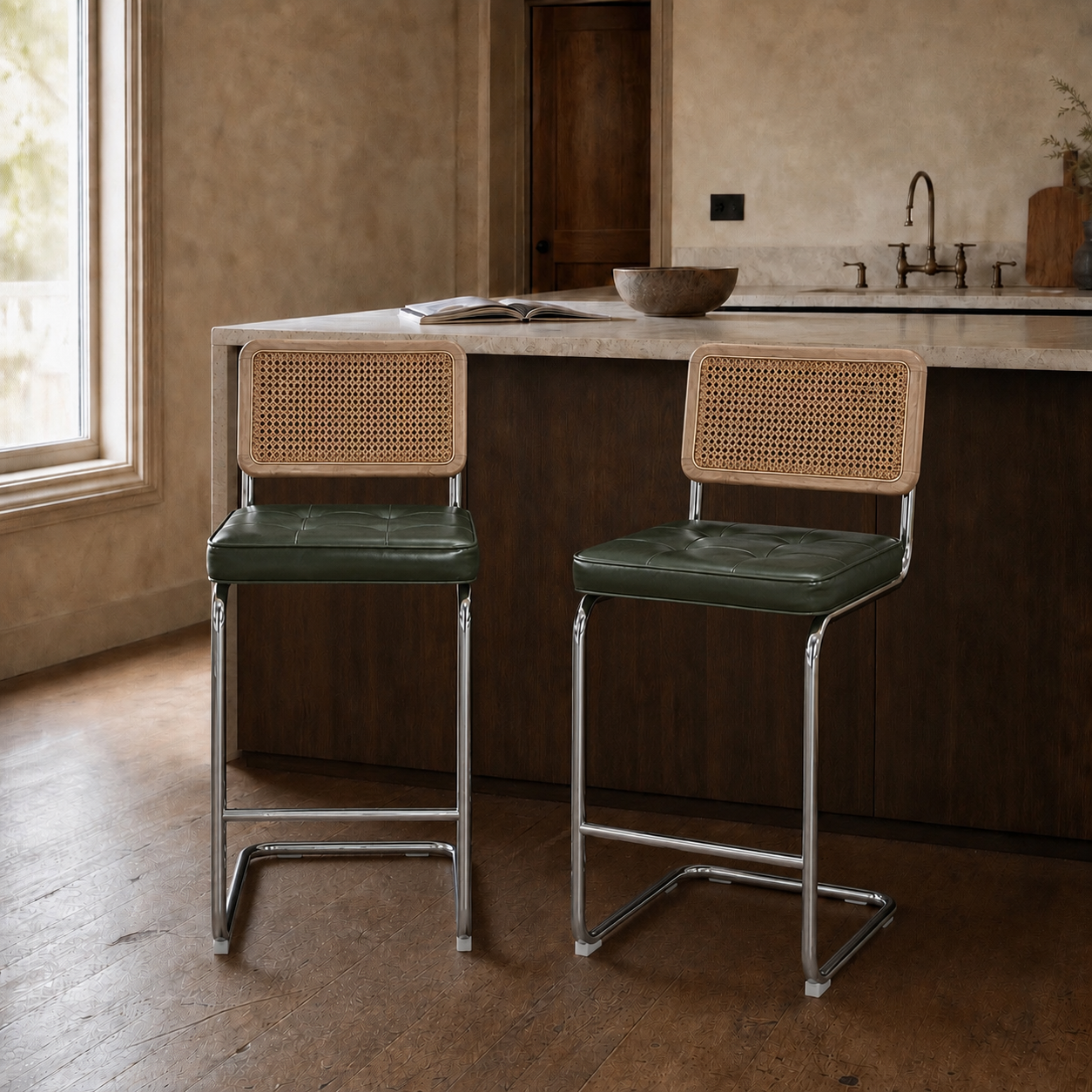 Counter Stools Set of 2 – Stainless Steel & Vegan Leather