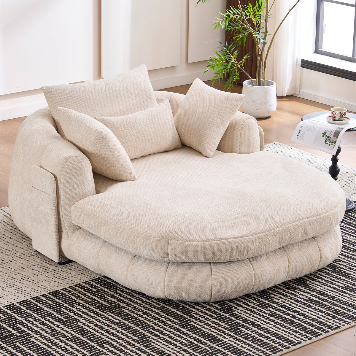 Beige Chenille Chaise Lounge Chair