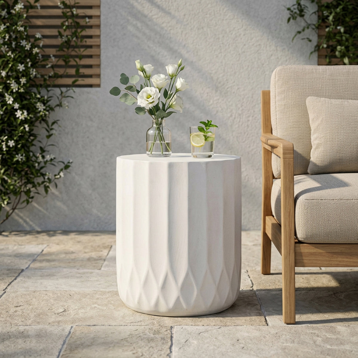 White Round Outdoor Side Table, 18.5 in Tall