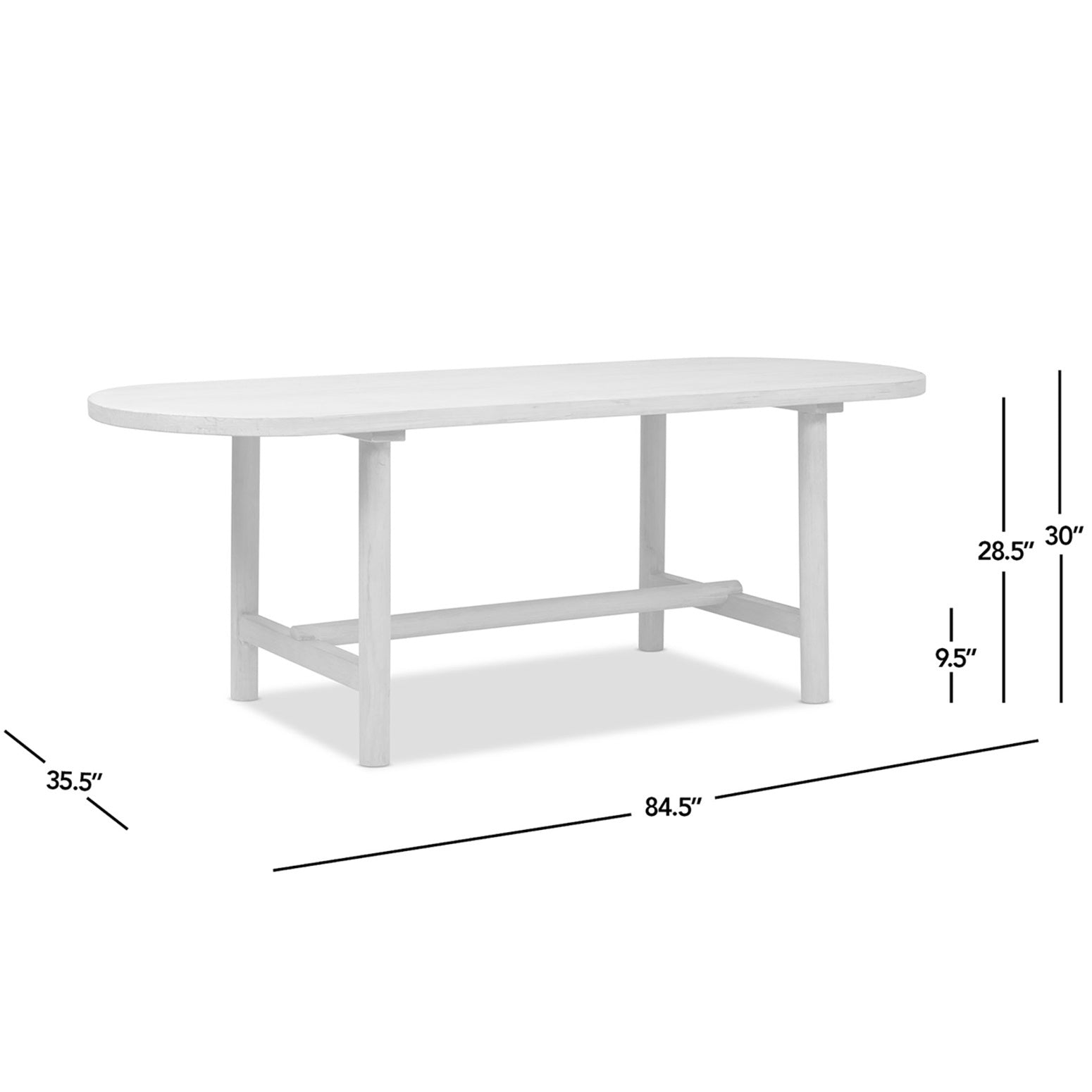 Dimension diagram: 84.5 in long, 35.5 in wide, 30 in high with 9.5 in stretcher height