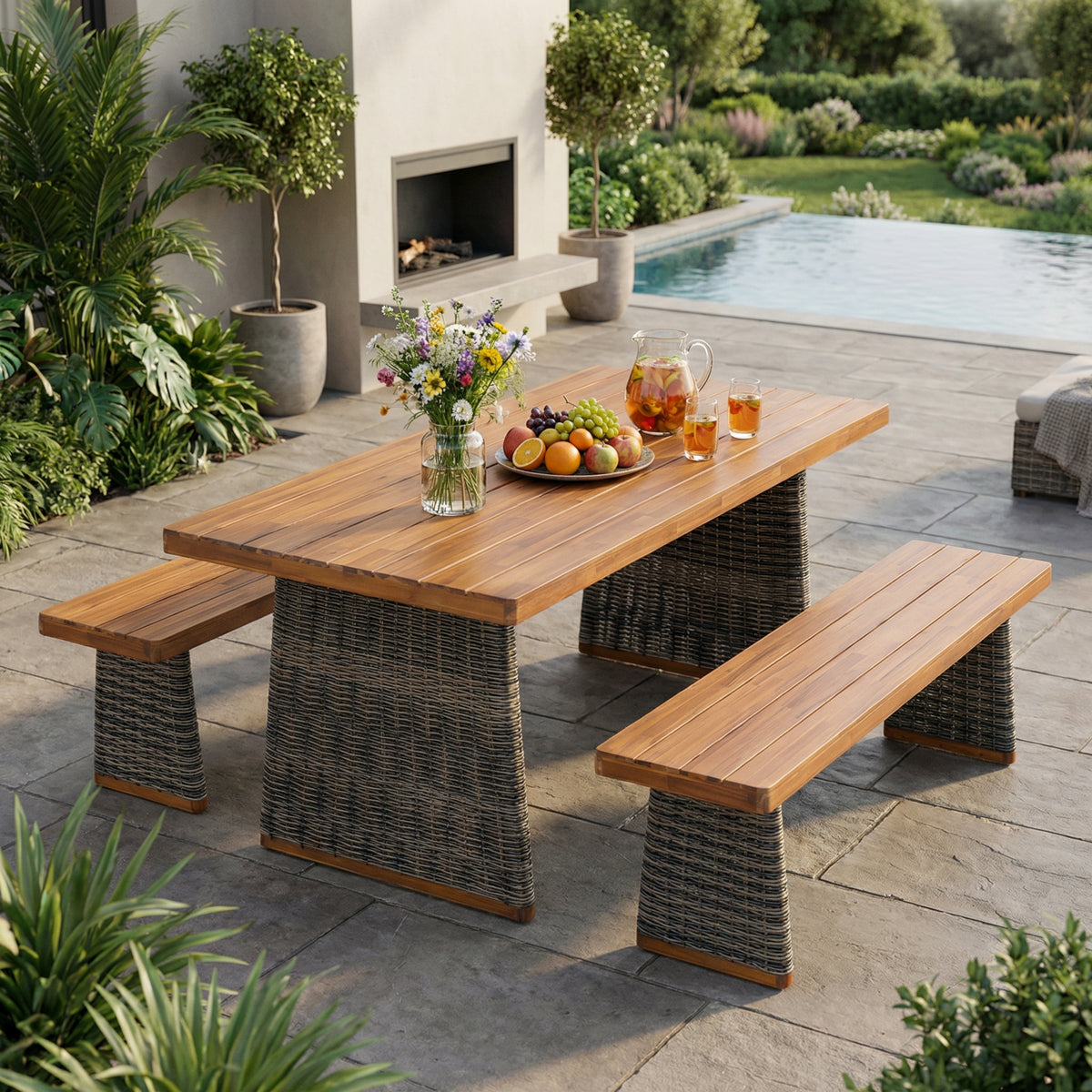 Teak Finish Solid Wood 3-Piece Patio Dining Set