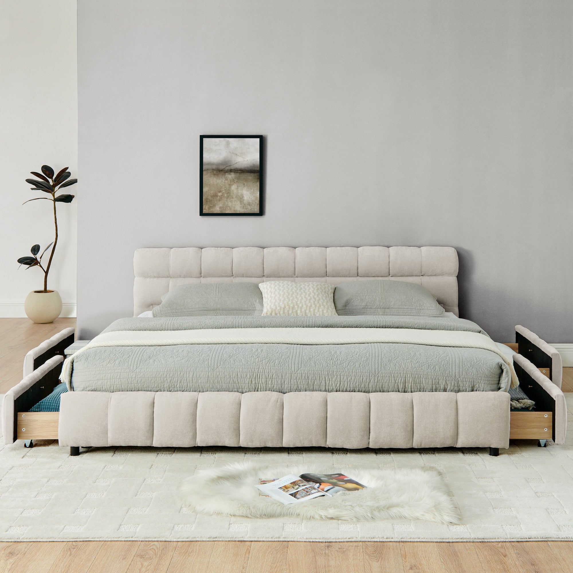 Front view of beige tufted chenille headboard and bed frame