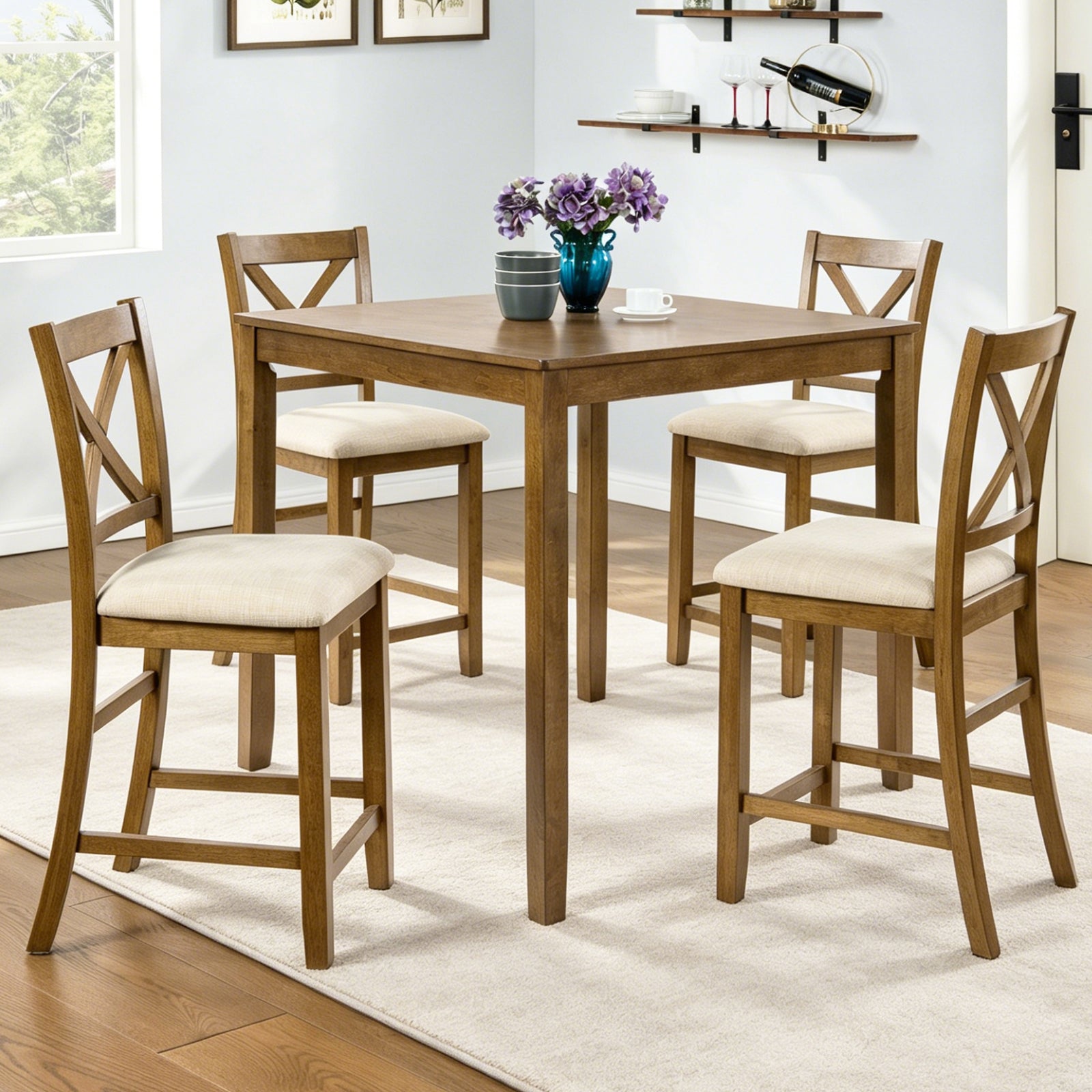 5-Piece Counter Height Dining Set, Oak Table with 4 X-Back Chairs