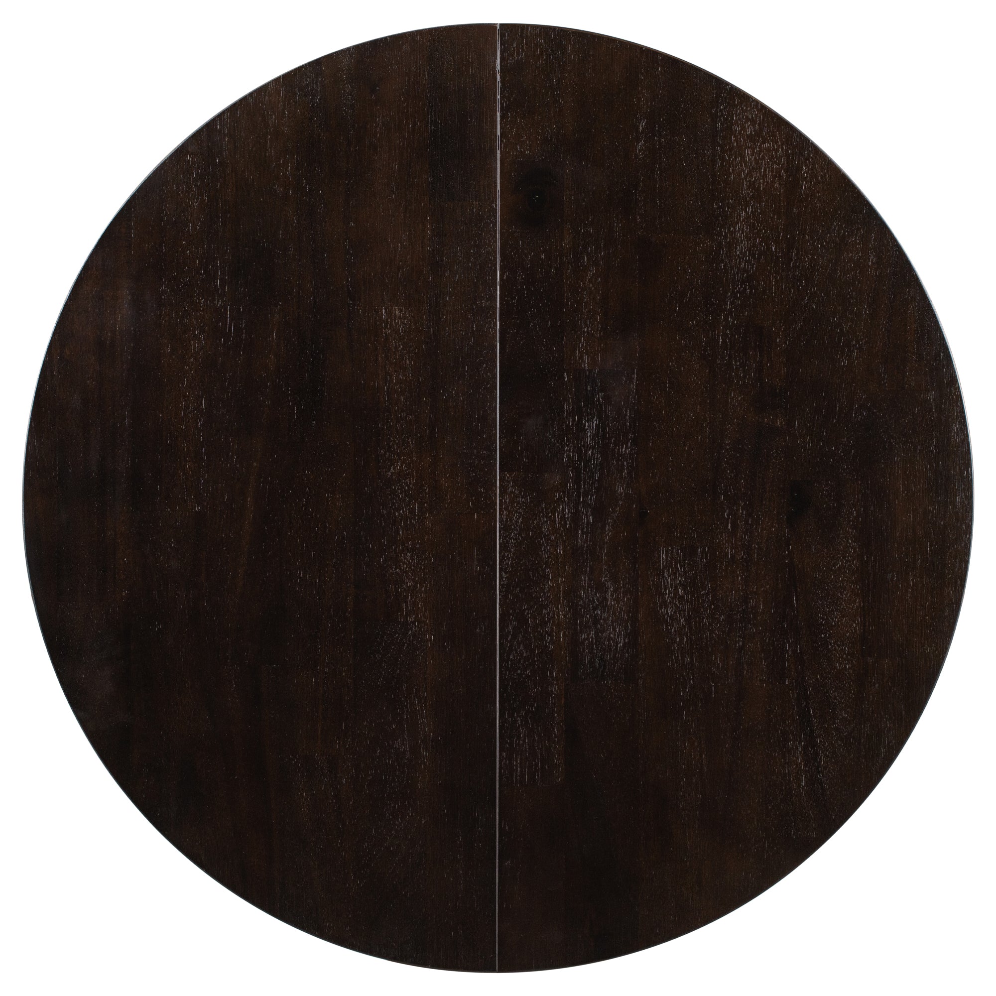 Overhead view of the round espresso wood tabletop showing the center seam