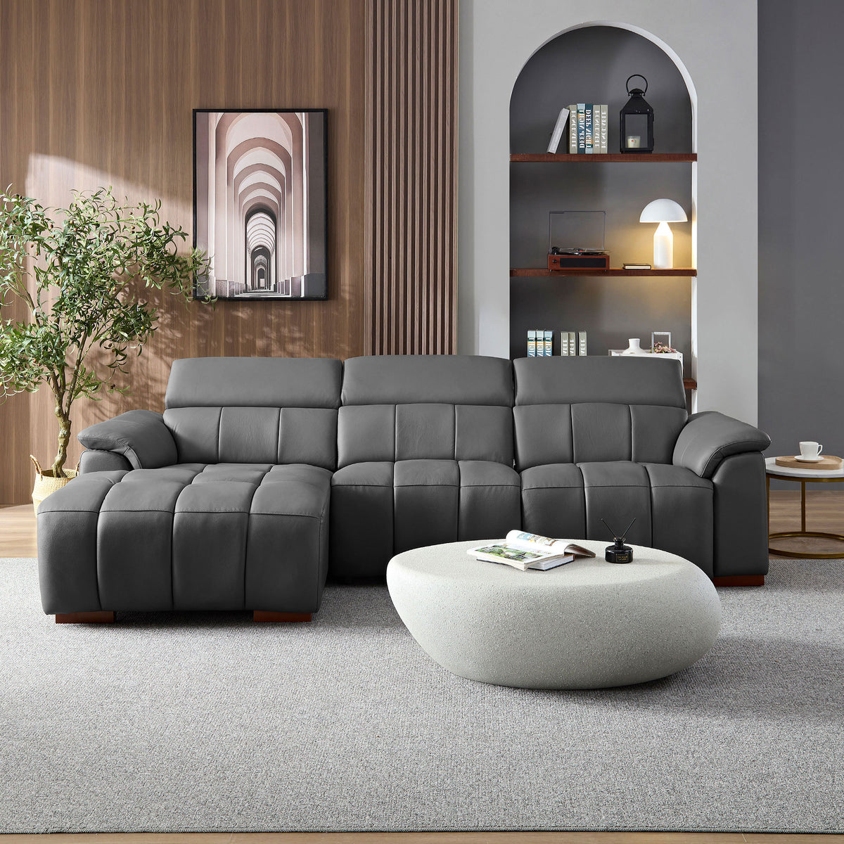 Gray Genuine Leather Power L-Shaped Reclining Sectional, Left-Facing