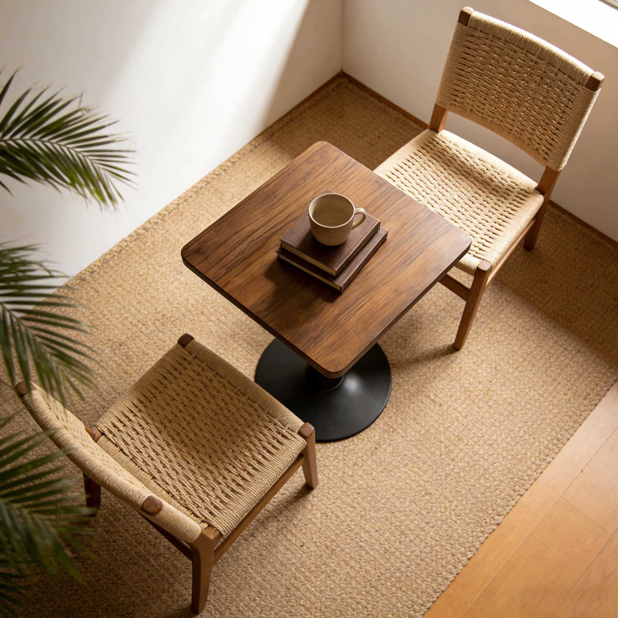 Overhead view of the walnut square tulip bistro table with two woven rope chairs in a corner