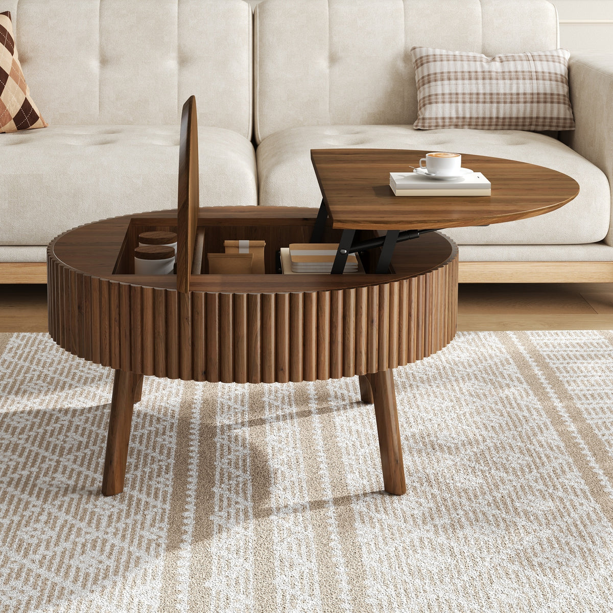 Walnut Round Fluted Lift-Top Coffee Table, 30.3 in