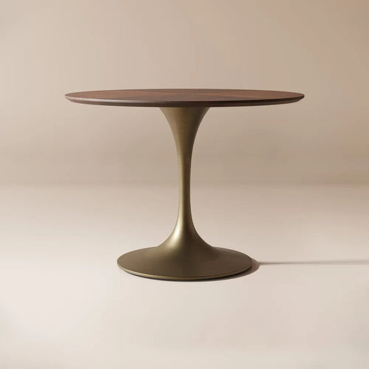 39.4 inch round walnut dining table with beveled edge and stainless steel base. Mid-century design seats 2–4, perfect for apartments, kitchens, or small dining spaces. Crafted from durable plywood with rich walnut veneer.