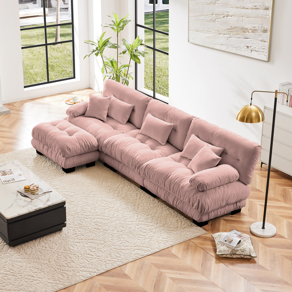 Pink Chenille Modular Sectional Couch with Ottoman, 3-Seat