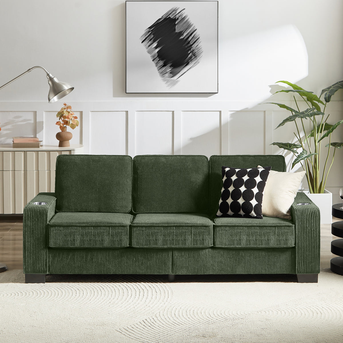 Green Corduroy 3-Seat Couch, 84.3 in Wide