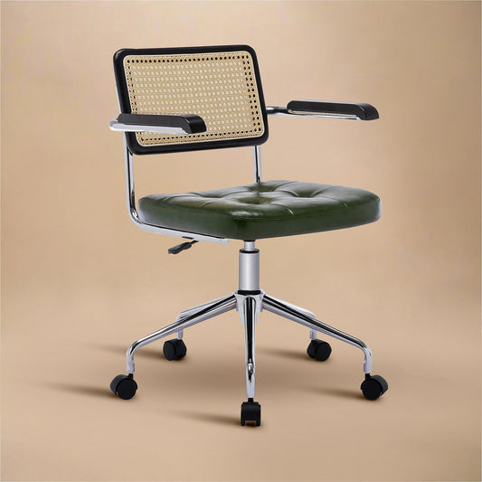 Mid Century Modern Desk & Office Chair – Handwoven Rattan & Vegan Leather