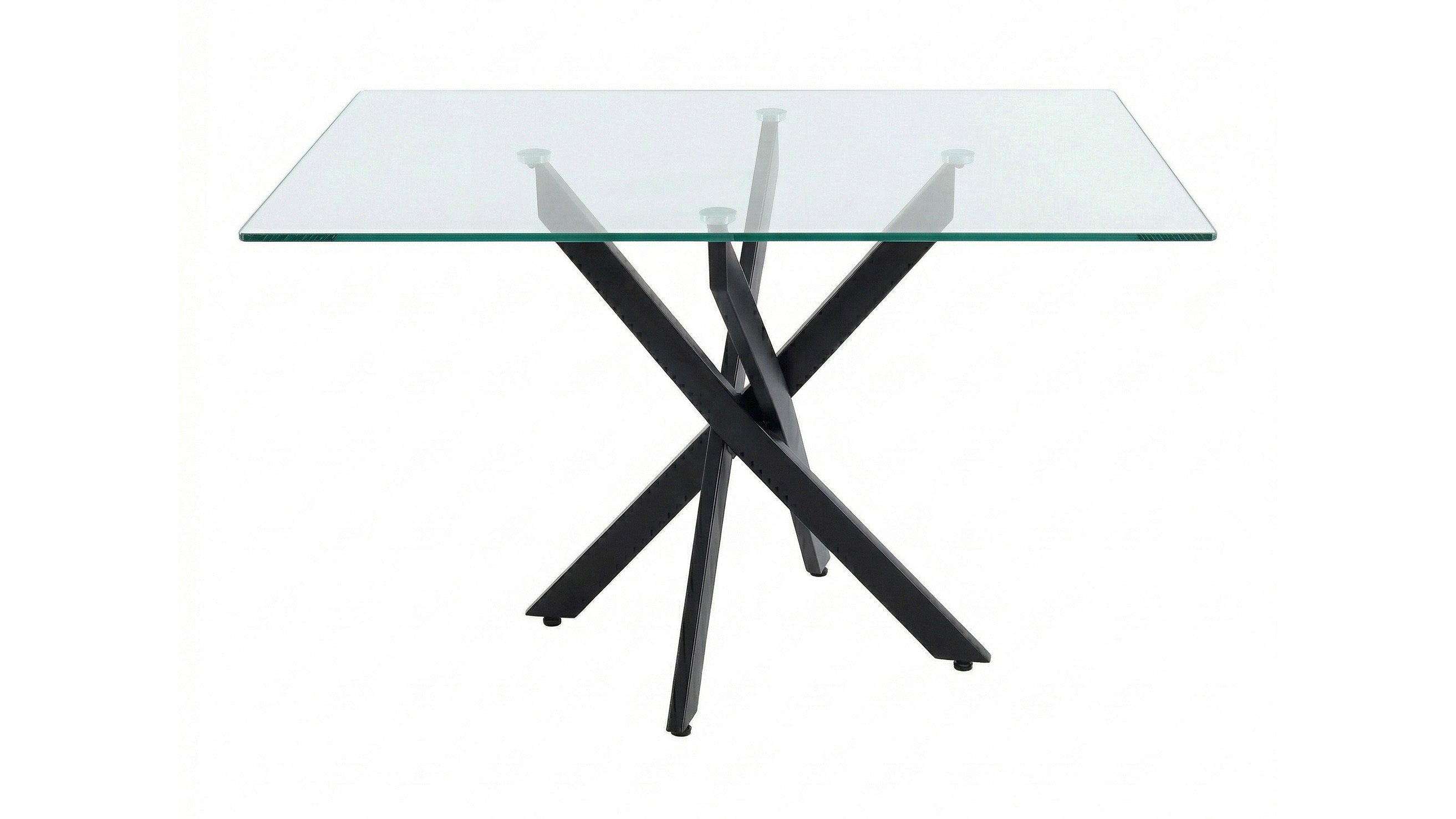 Wide three-quarter view of the glass table with black intersecting legs on a white background