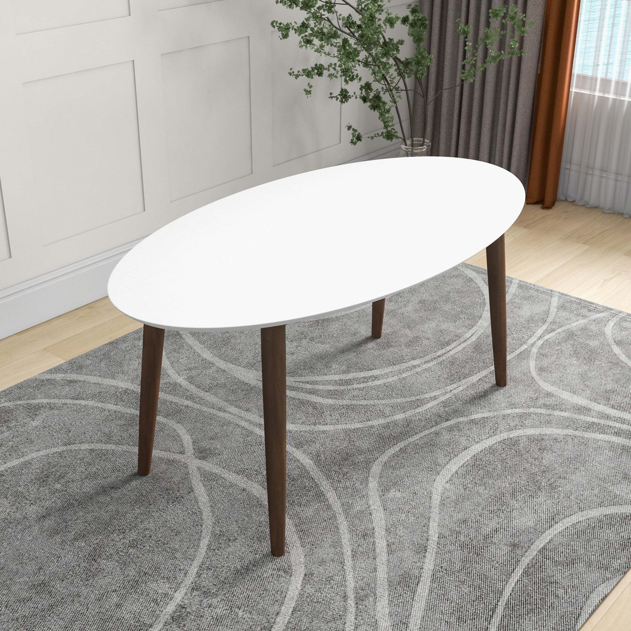 Raised three-quarter view of the white oval tabletop on white studio background
