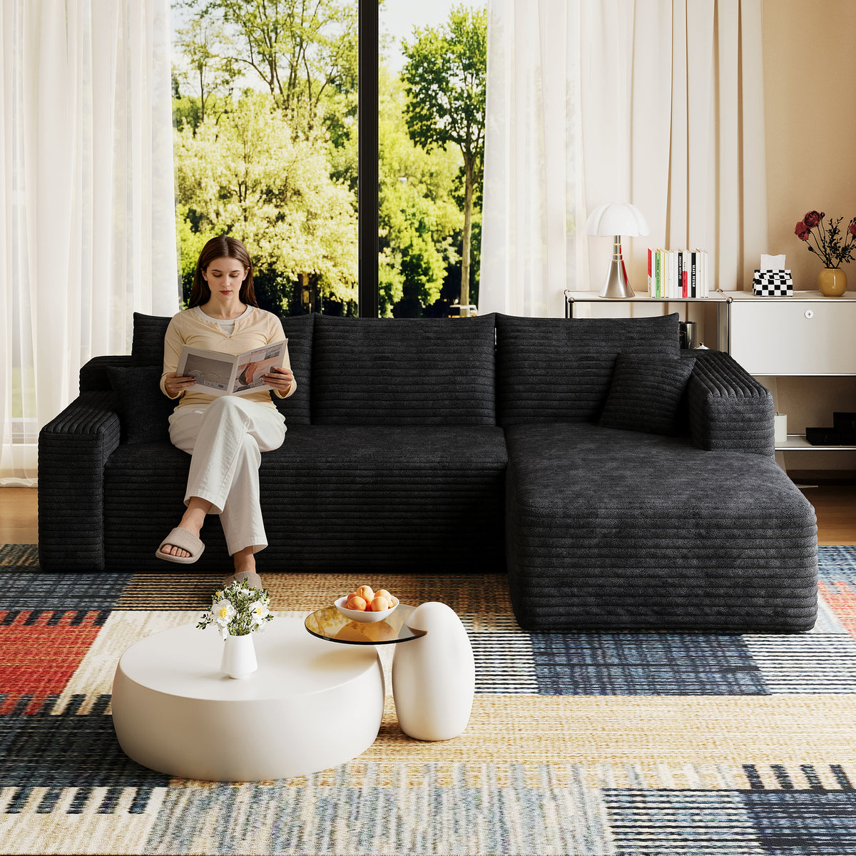 Black Corduroy L-Shaped Sectional Couch, 94.1 in Wide, 32.7 in Tall