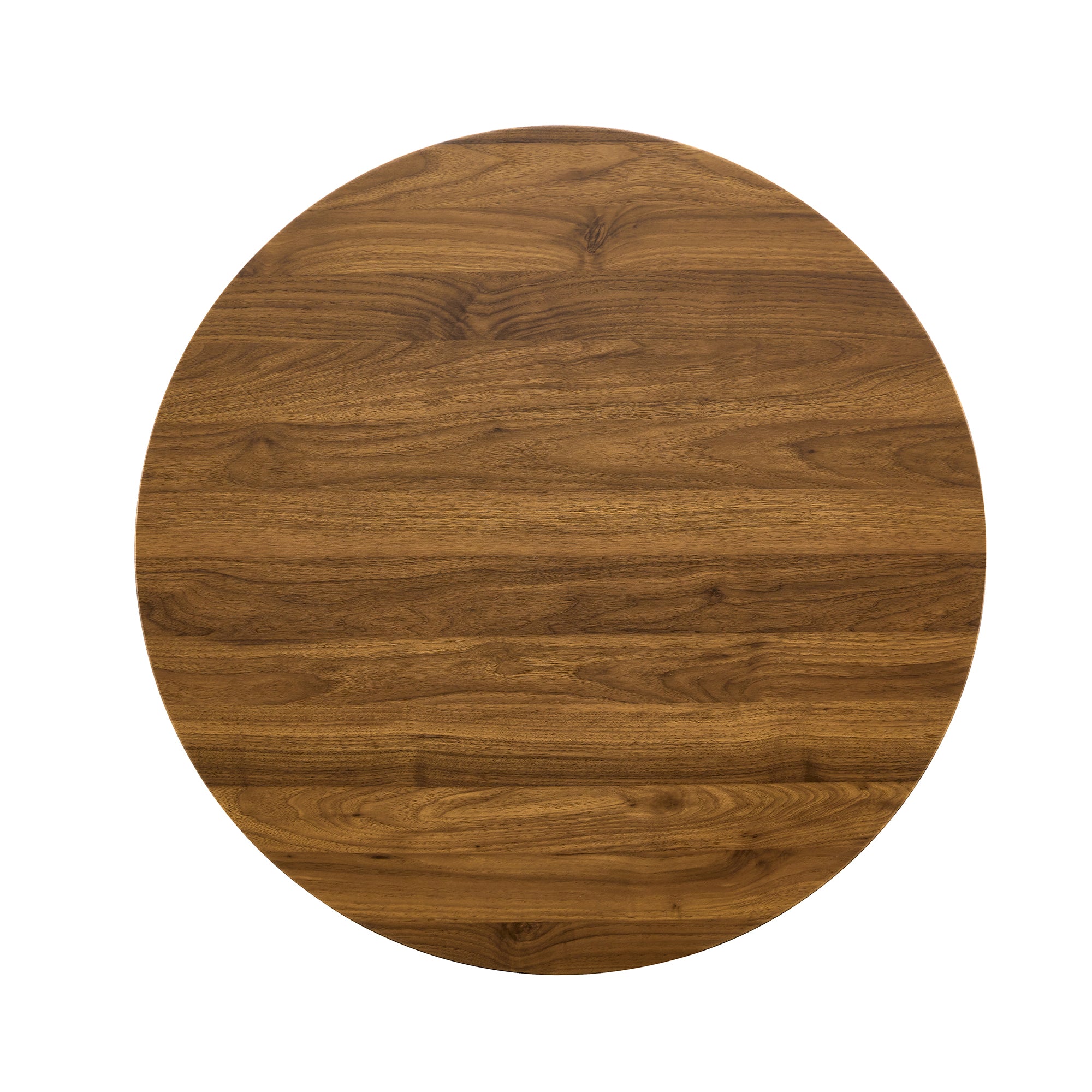 Overhead view of the round walnut wood-grain tabletop on a plain white background