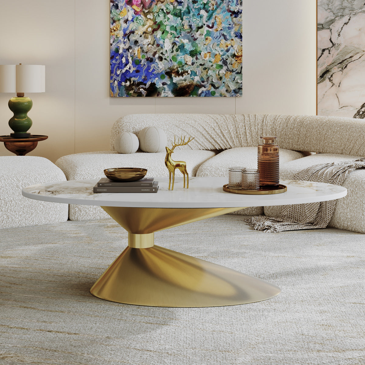 Gold Sintered Stone Oval Coffee Table, 49.2 in, Sculptural Curve Base