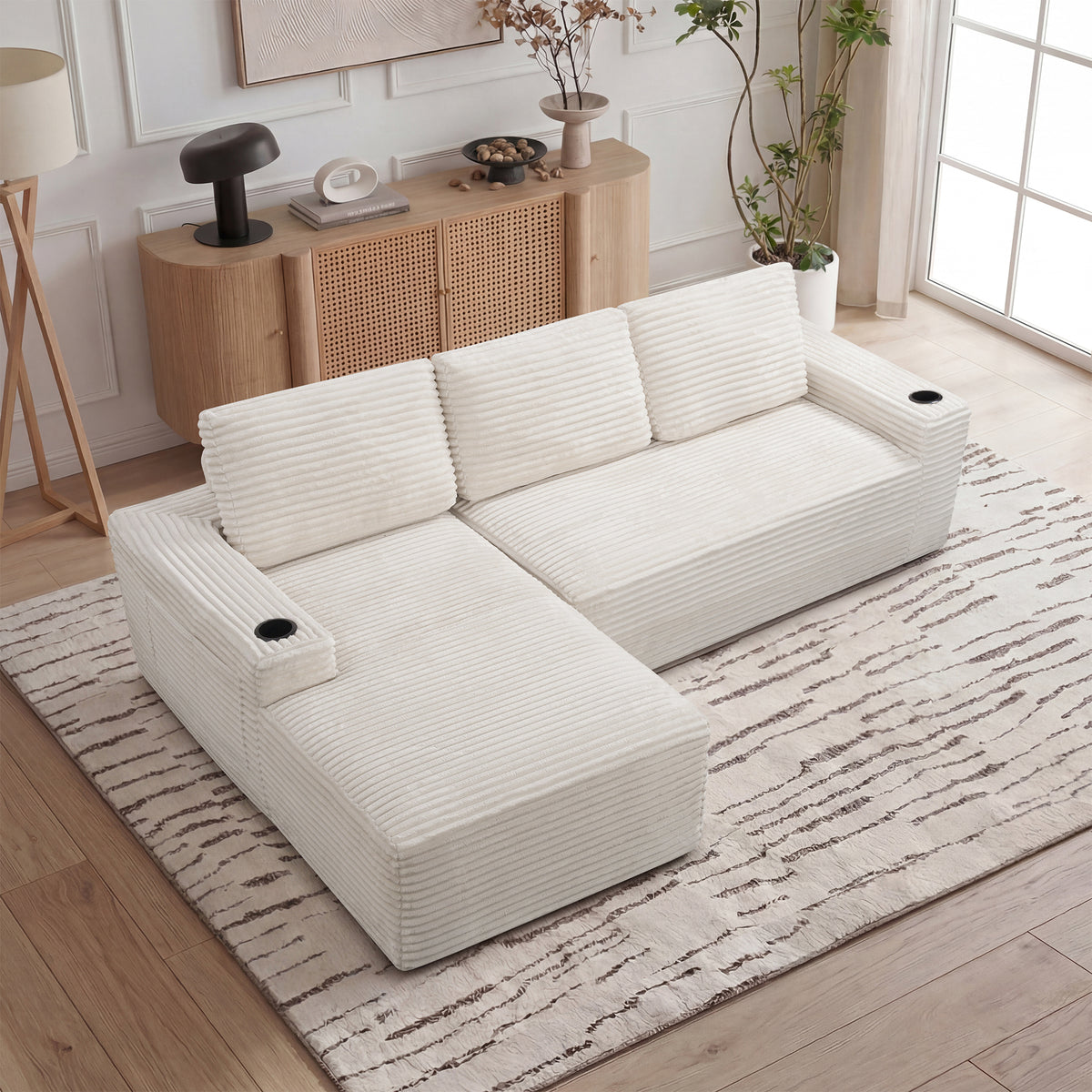 Cream Corduroy L-Shaped Modular Sectional, 104.3 in Wide, Left-Facing