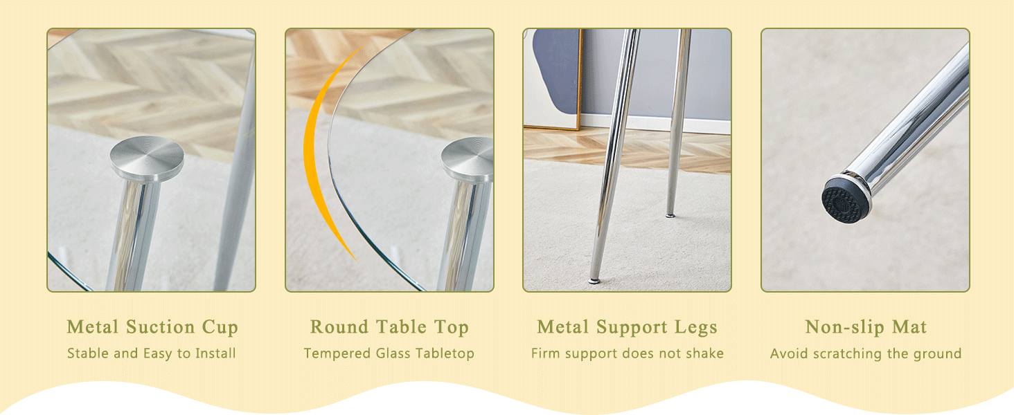 Feature graphic with close-ups of the metal suction cup, round glass top, support legs and non-slip mat