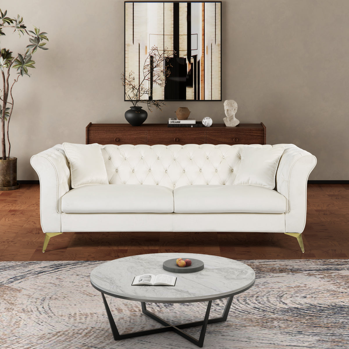 Beige Velvet 3-Seat Couch, 87 in Wide