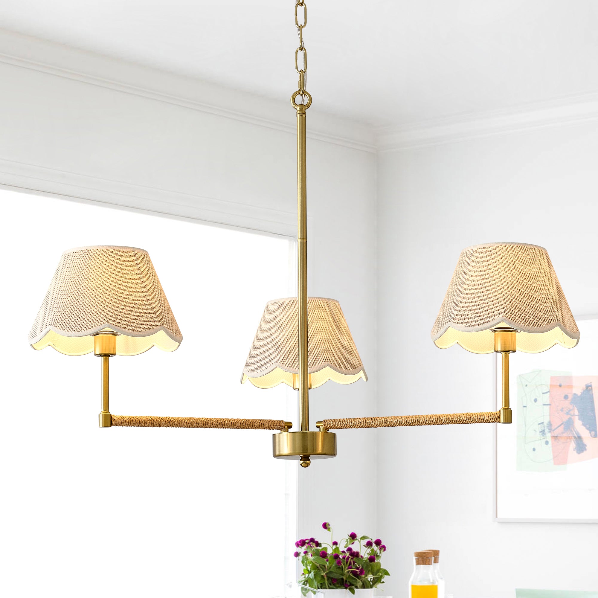 3-Light Rope and Fabric Chandelier, Contemporary Pendant Frame, Gold
