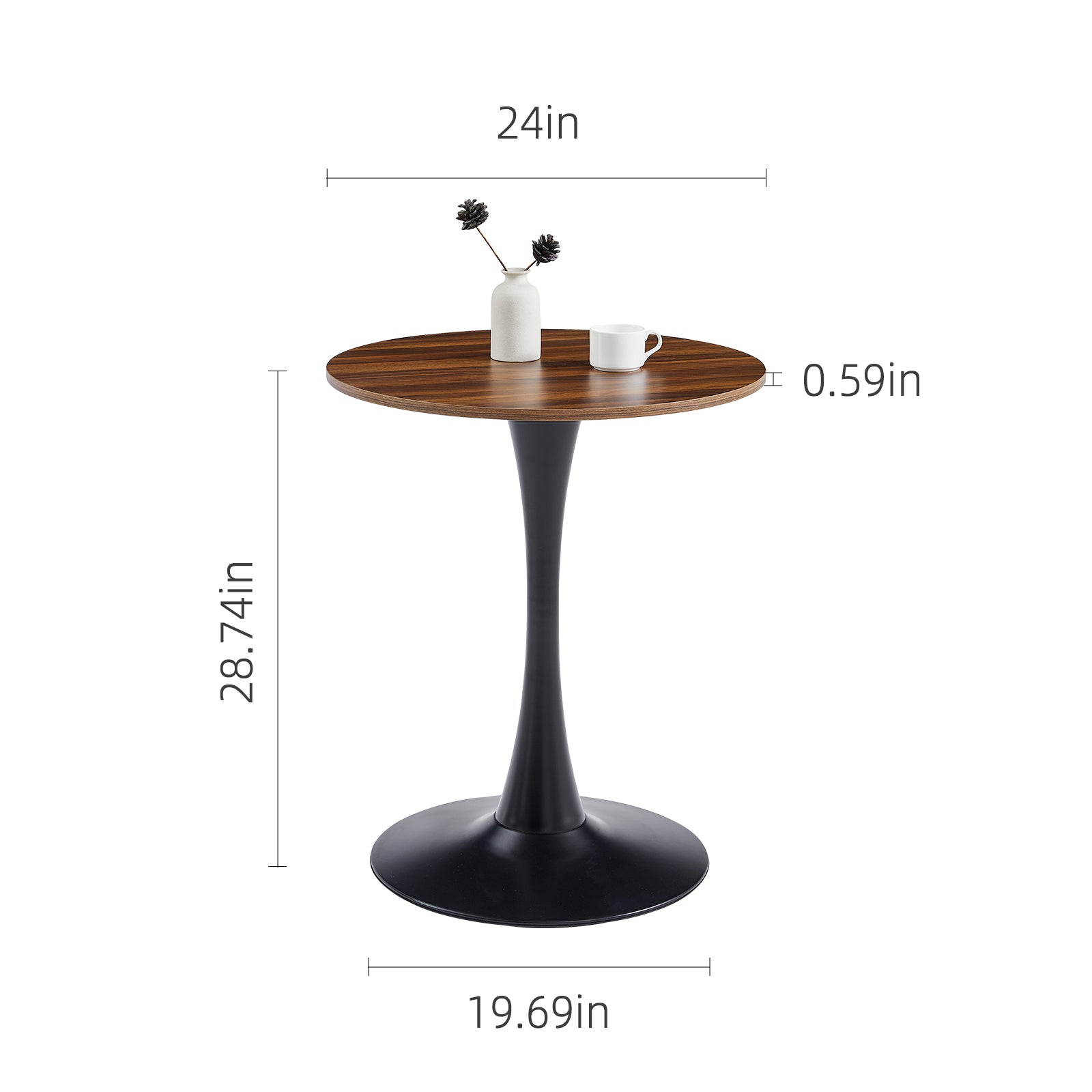 Dimension diagram of round bistro table showing 24in top, 0.59in thickness, 28.74in height, 19.69in base
