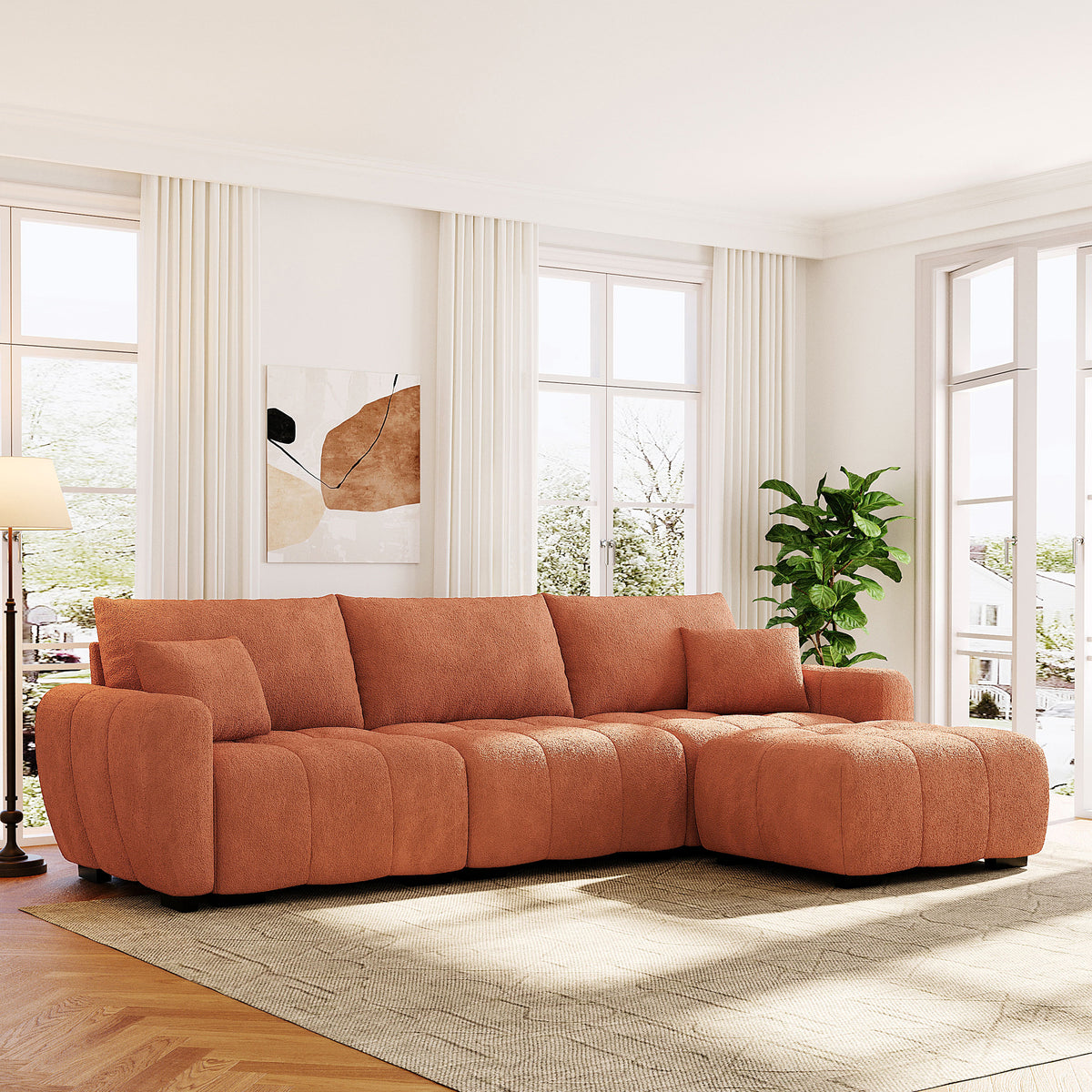 Orange Boucle Modular Sectional Couch with Ottoman, 110 in Wide