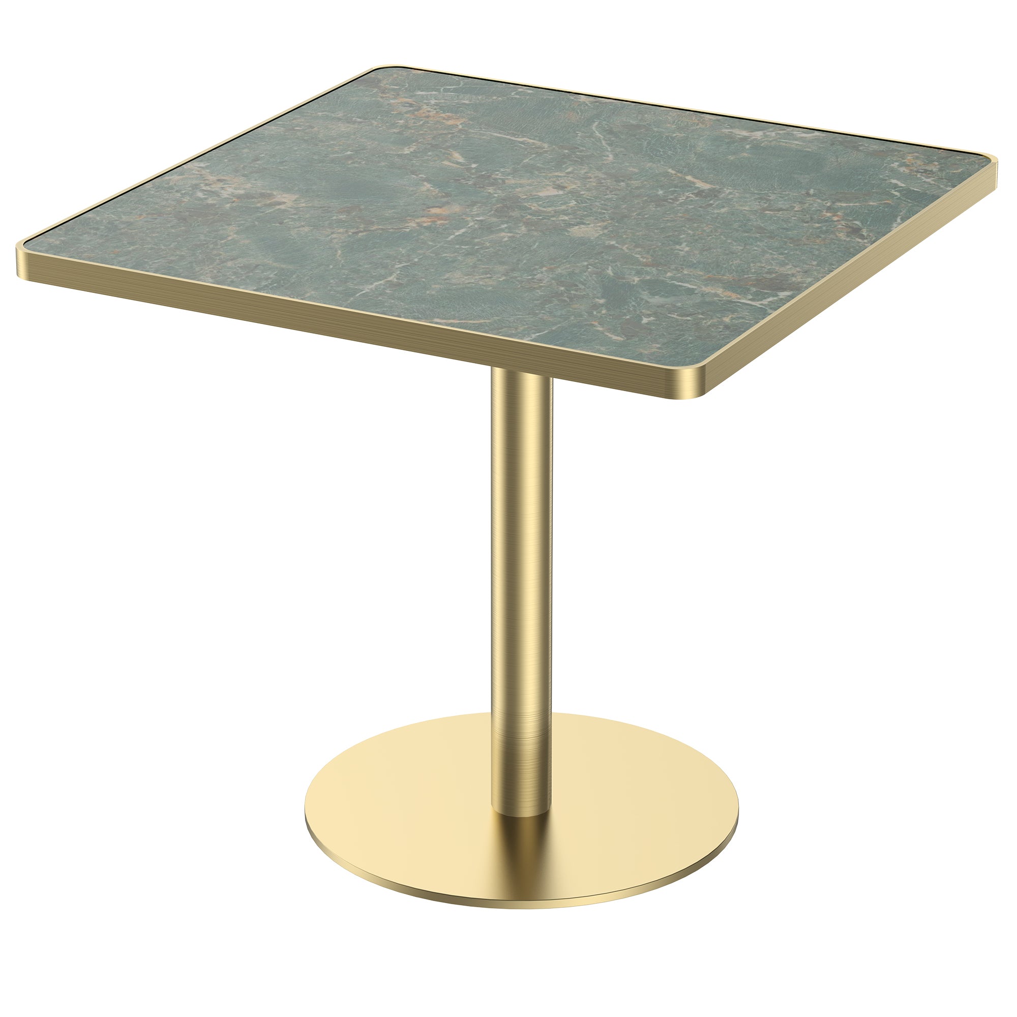Green sintered stone square dining table, side three-quarter view, gold base, white studio