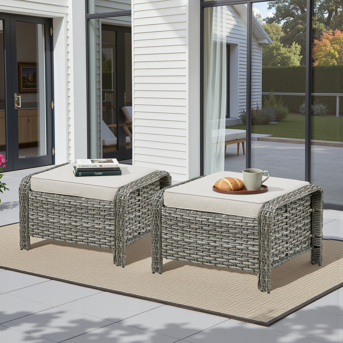 Wicker Outdoor Ottoman with Beige Cushions, Set of 2, 16 in Tall